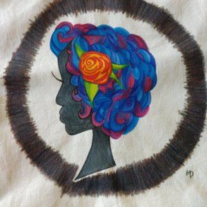 Painted Tote Bag with Retro Silhouett Woman With Blue Hair Artisan Handmade NWT